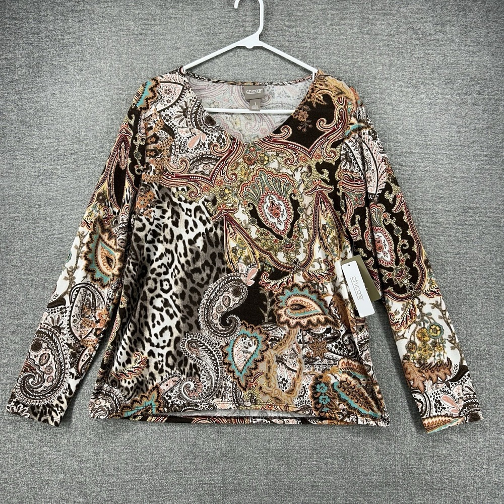 Chicos‎ Pullover Top Women Size 1 Brown Paisley Animal Print Stretch NEW
